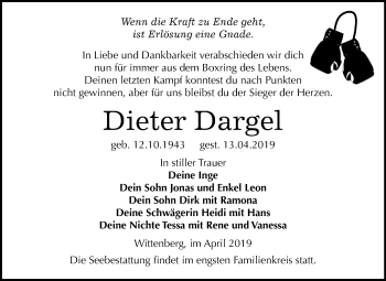 Traueranzeige von Dieter Dargel von Mitteldeutsche Zeitung Wittenberg