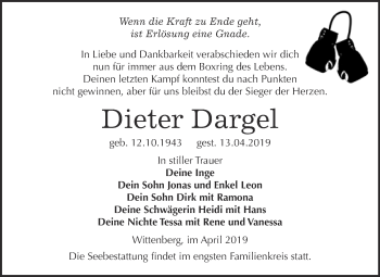Traueranzeige von Dieter Dargel von WVG - Wochenspiegel Wittenberg