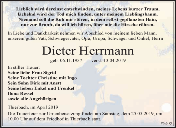 Traueranzeige von Dieter Herrmann von WVG - Wochenspiegel NMB / WSF / ZTZ