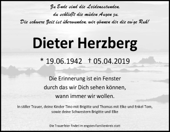 Traueranzeige von Dieter Herzberg von WVG - Wochenspiegel Dessau / Köthen