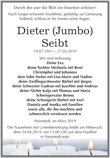 Traueranzeige von Dieter Jumbo von Mitteldeutsche Zeitung Quedlinburg