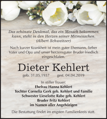 Traueranzeige von Dieter Kehlert von Mitteldeutsche Zeitung