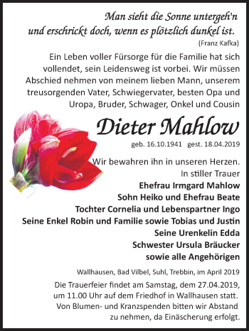 Traueranzeige von Dieter Mahlow von Mitteldeutsche Zeitung Sangerhausen