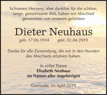 Traueranzeige von Dieter Neuhaus von WVG - Wochenspiegel Quedlinburg