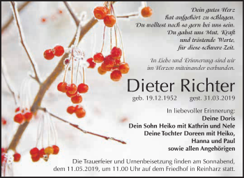 Traueranzeige von Dieter Richter von WVG - Wochenspiegel Wittenberg