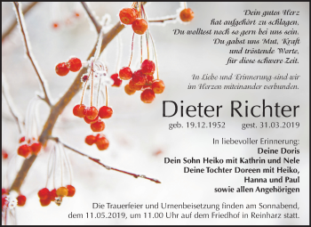 Traueranzeige von Dieter Richter von Mitteldeutsche Zeitung