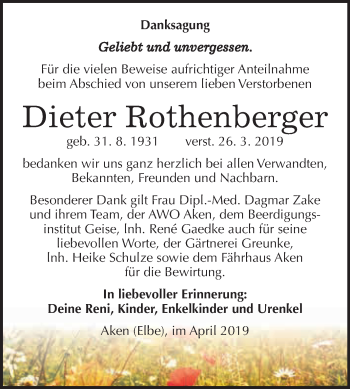 Traueranzeige von Dieter Rothenberger von WVG - Wochenspiegel Dessau / Köthen