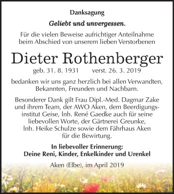 Traueranzeige von Dieter Rothenberger von Mitteldeutsche Zeitung Köthen