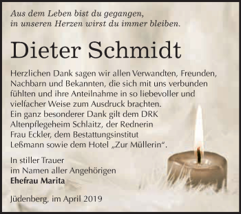 Traueranzeige von Dieter Schmidt von WVG - Wochenspiegel Wittenberg