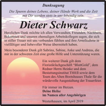 Traueranzeige von Dieter Schwarz von Super Sonntag Quedlinburg