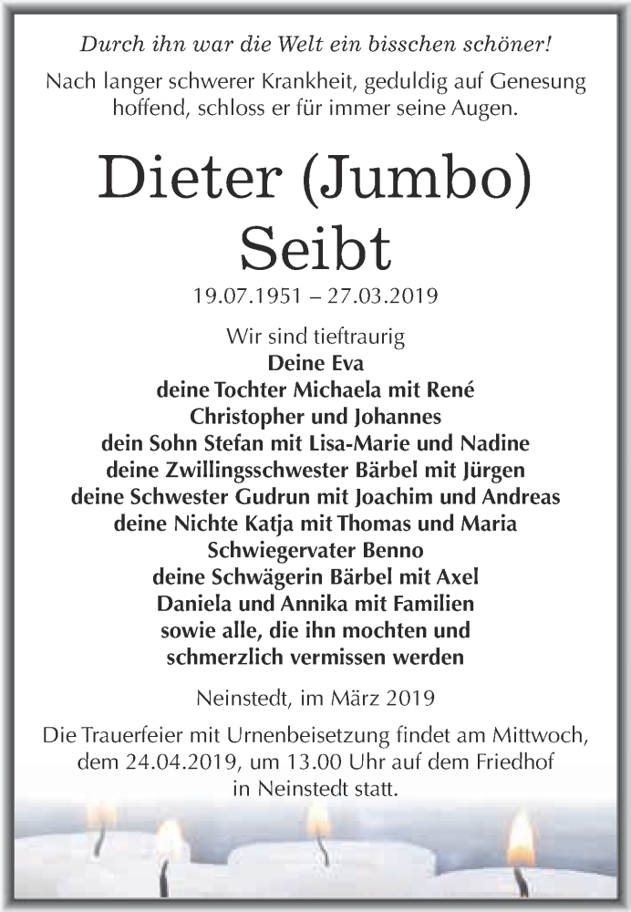  Traueranzeige für Dieter Seibt vom 01.04.2019 aus Super Sonntag Quedlinburg