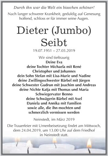 Traueranzeige von Dieter Seibt von Super Sonntag Quedlinburg