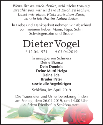 Traueranzeige von Dieter Vogel von Mitteldeutsche Zeitung