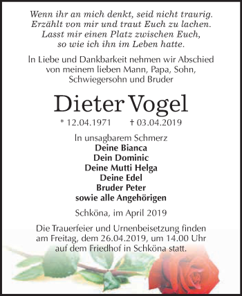 Traueranzeige von Dieter Vogel von WVG - Wochenspiegel Wittenberg
