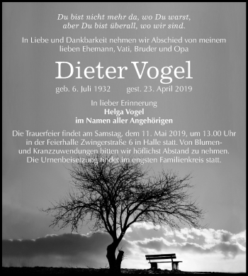 Traueranzeige von Dieter Vogel von Mitteldeutsche Zeitung