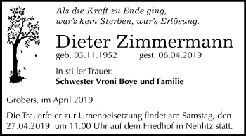 Traueranzeige von Dieter Zimmermann von Mitteldeutsche Zeitung Halle/Saalkreis