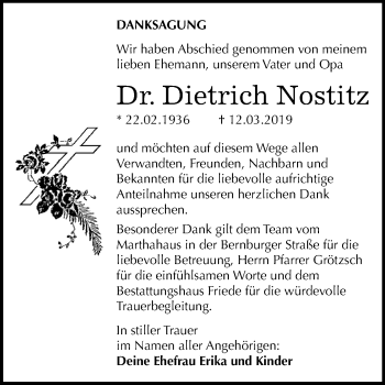Traueranzeige von Dietrich Nostitz von WVG - Wochenspiegel Dessau / Köthen