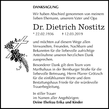 Traueranzeige von Dietrich Nostitz von Mitteldeutsche Zeitung Dessau-Roßlau