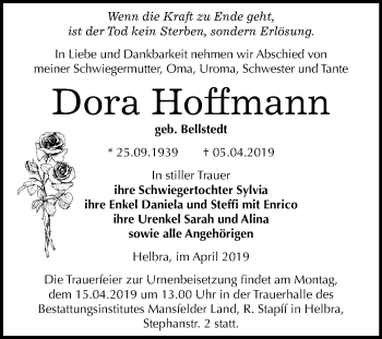 Traueranzeige von Dora Hoffmann von Mitteldeutsche Zeitung Mansfelder Land