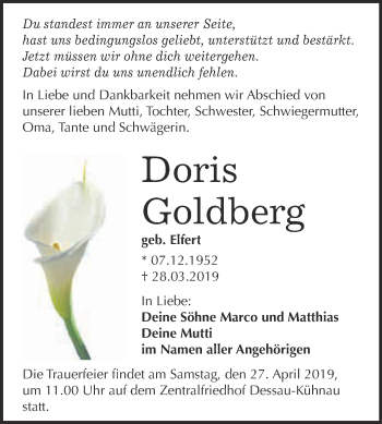 Traueranzeige von Doris Goldberg von WVG - Wochenspiegel Dessau / Köthen