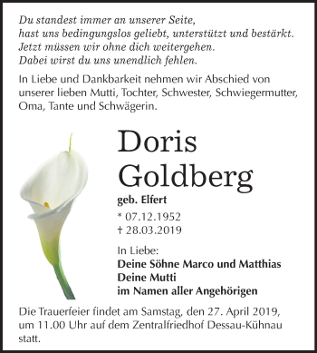 Traueranzeige von Doris Goldberg von Mitteldeutsche Zeitung Dessau-Roßlau