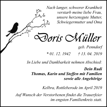 Traueranzeige von Doris Müller von Mitteldeutsche Zeitung Sangerhausen