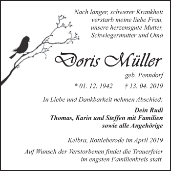 Traueranzeige von Doris Müller von Super Sonntag SGH Mansf. Land