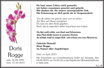 Traueranzeige von Doris Rogge von WVG - Wochenspiegel NMB / WSF / ZTZ