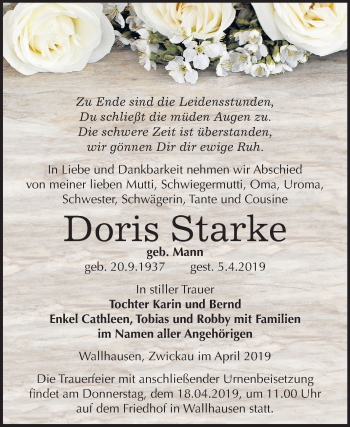 Traueranzeige von Doris Starke von Mitteldeutsche Zeitung