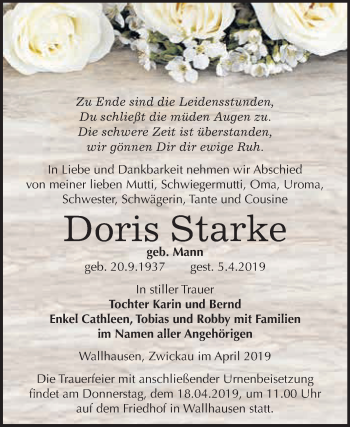 Traueranzeige von Doris Starke von Super Sonntag SGH Mansf. Land