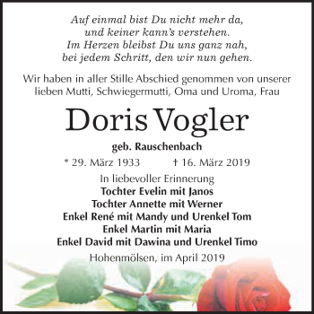 Traueranzeige von Doris Vogler von WVG - Wochenspiegel NMB / WSF / ZTZ