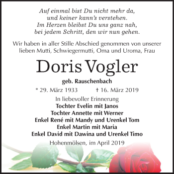 Traueranzeige von Doris Vogler von Mitteldeutsche Zeitung Weißenfels