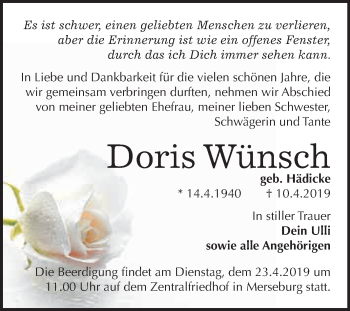 Traueranzeige von Doris Wünsch von WVG - Wochenspiegel Merseburg