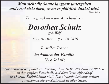 Traueranzeige von Dorothea Schulz von WVG - Wochenspiegel Dessau / Köthen
