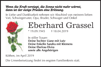Traueranzeige von Eberhard Grassel von WVG - Wochenspiegel Dessau / Köthen