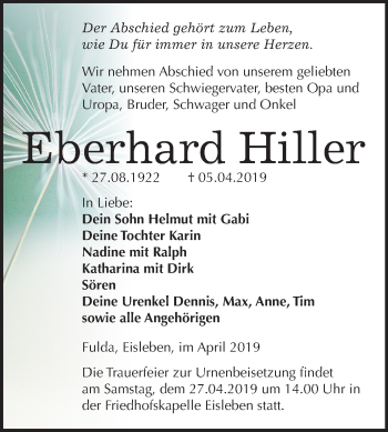 Traueranzeige von Eberhard Hiller von Mitteldeutsche Zeitung