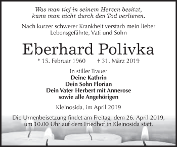 Traueranzeige von Eberhard Polivka von WVG - Wochenspiegel NMB / WSF / ZTZ