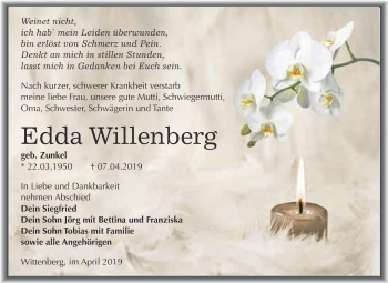 Traueranzeige von Edda Willenberg von WVG - Wochenspiegel Wittenberg