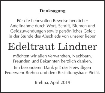 Traueranzeige von Edeltraut Lindner von WVG - Wochenspiegel Bitterfeld
