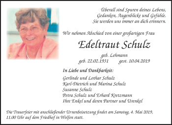 Traueranzeige von Edeltraut Schulz von Mitteldeutsche Zeitung Bitterfeld