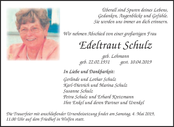 Traueranzeige von Edeltraut Schulz von WVG - Wochenspiegel Bitterfeld