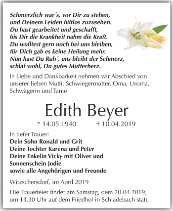 Traueranzeige von Edith Beyer von Mitteldeutsche Zeitung Merseburg/Querfurt