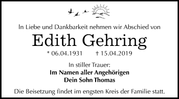 Traueranzeige von Edith Gehring von Mitteldeutsche Zeitung