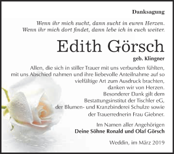 Traueranzeige von Edith Görsch von WVG - Wochenspiegel Wittenberg