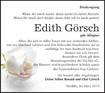 Traueranzeige von Edith Görsch von Mitteldeutsche Zeitung Wittenberg