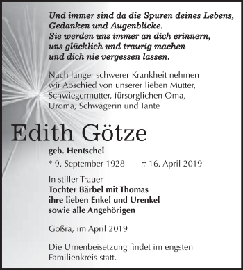 Traueranzeige von Edith Götze von WVG - Wochenspiegel NMB / WSF / ZTZ