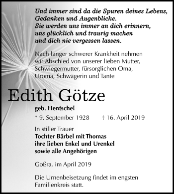 Traueranzeige von Edith Götze von Mitteldeutsche Zeitung Zeitz