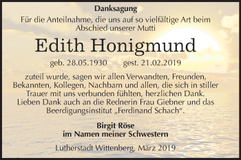 Traueranzeige von Edith Honigmund von Mitteldeutsche Zeitung Wittenberg