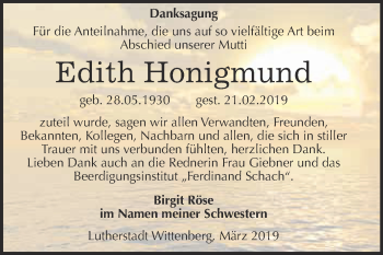 Traueranzeige von Edith Honigmund von Super Sonntag Wittenberg