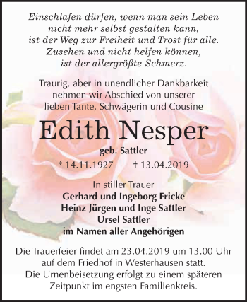Traueranzeige von Edith Nesper von WVG - Wochenspiegel Quedlinburg